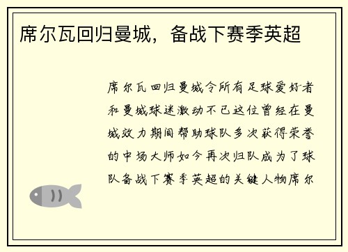 席尔瓦回归曼城，备战下赛季英超