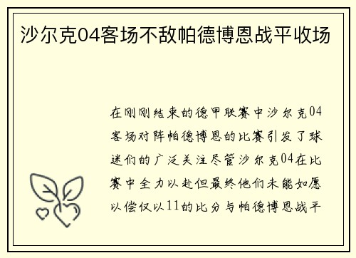 沙尔克04客场不敌帕德博恩战平收场