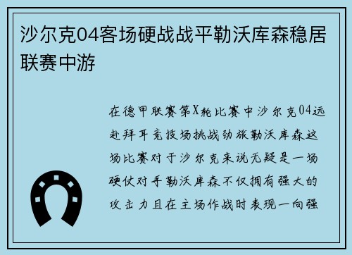 沙尔克04客场硬战战平勒沃库森稳居联赛中游