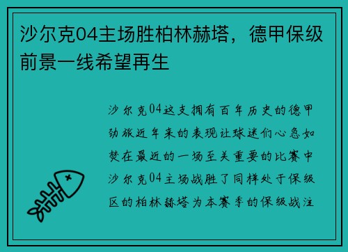 沙尔克04主场胜柏林赫塔，德甲保级前景一线希望再生