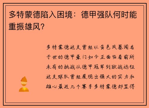 多特蒙德陷入困境：德甲强队何时能重振雄风？
