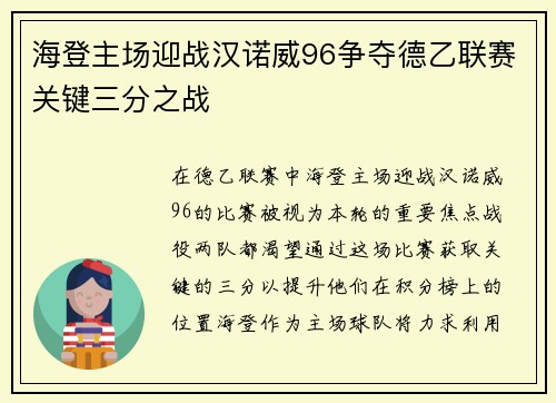 海登主场迎战汉诺威96争夺德乙联赛关键三分之战
