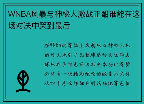 WNBA风暴与神秘人激战正酣谁能在这场对决中笑到最后
