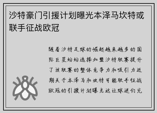沙特豪门引援计划曝光本泽马坎特或联手征战欧冠