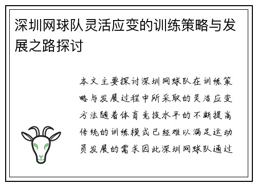 深圳网球队灵活应变的训练策略与发展之路探讨
