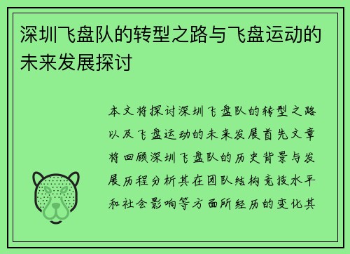深圳飞盘队的转型之路与飞盘运动的未来发展探讨