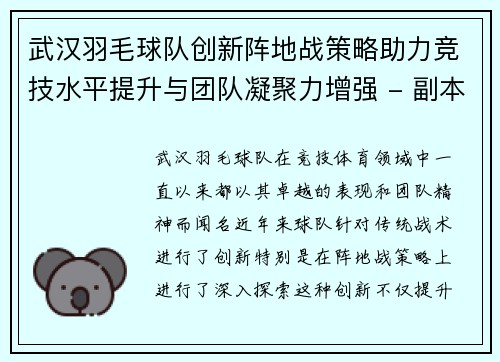 武汉羽毛球队创新阵地战策略助力竞技水平提升与团队凝聚力增强 - 副本